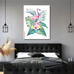«Экзотическая иллюстрация с фламинго и тропическими листьями» в интерьере современной спальни с черной кроватью