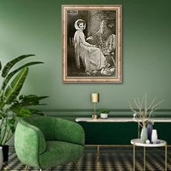 «Lady Hamilton as The Spinster, engraved by Thomas Cheesman, 1901» в интерьере гостиной в зеленых тонах
