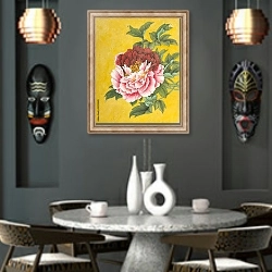«Двуцветный пион на золотом фоне» в интерьере в этническом стиле над столом