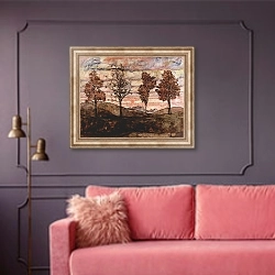 «Четыре дерева» в интерьере гостиной с розовым диваном