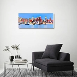 «США, Нью-Йорк. Панорама делового города» в интерьере современной комнаты с серой банкеткой