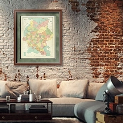 «Карта: Россия 3» в интерьере гостиной в стиле лофт с кирпичной стеной