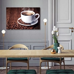 «Чашка кофе с зернами на деревянном столе» в интерьере классической кухни у двери