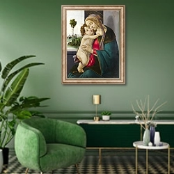 «Дева Мария с младенцем 23» в интерьере гостиной в зеленых тонах