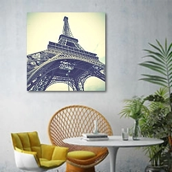 «Франция, Париж. Эйфелева башня в винтажных оттенках» в интерьере современной гостиной с желтым креслом