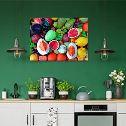 «Куча фруктов» в интерьере кухни с зелеными стенами