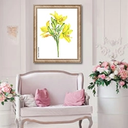«Три цветка лилейника жёлтого» в интерьере гостиной в стиле прованс над диваном