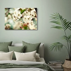 «Цветы вишни 3» в интерьере современной спальни в зеленых тонах