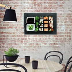 «Вкусный набор суши» в интерьере современной кухни с кирпичной стеной