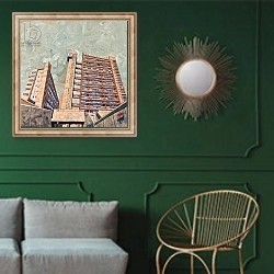 «Trellick tower» в интерьере классической гостиной с зеленой стеной над диваном