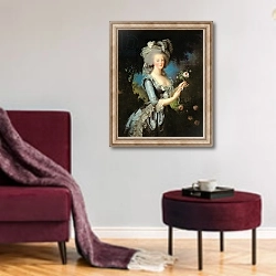 «Marie Antoinette with a Rose, 1783» в интерьере гостиной в бордовых тонах