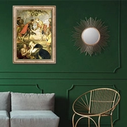 «The Meeting of Ferdinand II and his son the Cardinal Infante Ferdinand in 1634» в интерьере классической гостиной с зеленой стеной над диваном