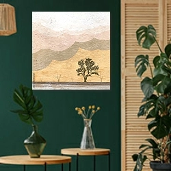 «Бесплодный пейзаж с деревом» в интерьере в этническом стиле с зеленой стеной