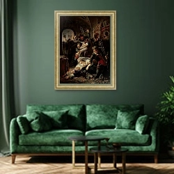 «Hired Assassins Killing Tzar Boris Fyodorevich Godunov's Son, 1862 1» в интерьере зеленой гостиной над диваном