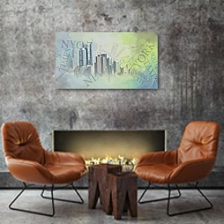 «Манхэттен, колаж» в интерьере в стиле лофт с бетонной стеной над камином