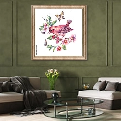 «Акварельная розовая птичка на цветущей ветке» в интерьере гостиной в оливковых тонах