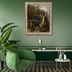 «Young Italian Street Musician, c.1877» в интерьере гостиной в зеленых тонах