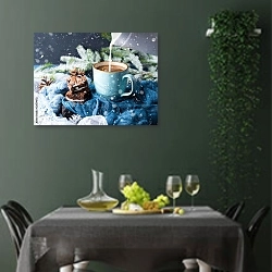 «Горячий зимний кофе» в интерьере столовой в зеленых тонах