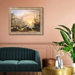 «Sea Port at Sunset, 1639» в интерьере классической гостиной над диваном
