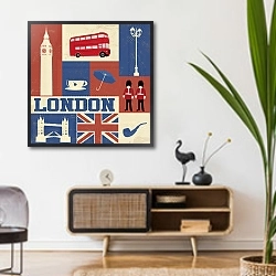 «Символы Лондона. Великобритания» в интерьере комнаты в стиле ретро над тумбой