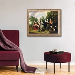 «The Oliver and Ward Families in a Garden, c.1788» в интерьере гостиной в бордовых тонах