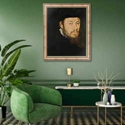 «Портрет мужчины 11» в интерьере гостиной в зеленых тонах