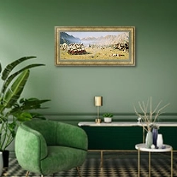 «Нападают врасплох. 1871» в интерьере гостиной в зеленых тонах