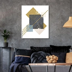 «Абстрактная композиция декоративных геометрических форм с гранж-текстурой 6» в интерьере гостиной в стиле лофт в серых тонах