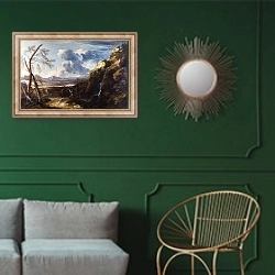 «Пейзаж с Тобиасом и Ангелом» в интерьере классической гостиной с зеленой стеной над диваном