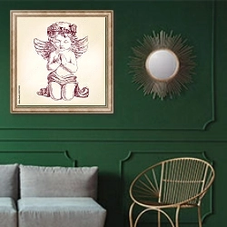 «Ангел молится на коленях» в интерьере классической гостиной с зеленой стеной над диваном
