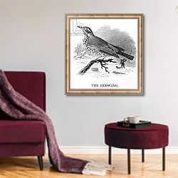 «The Redwing, illustration from 'A History of British Birds' by William Yarrell, first published 1843» в интерьере гостиной в бордовых тонах