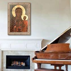 «The Black Madonna of Jasna Gora, Byzantine-Russian icon» в интерьере классической гостиной над камином