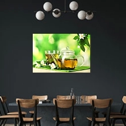 «Зеленый чай с жасмином» в интерьере столовой с черными стенами