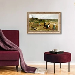 «Harvest, 1874» в интерьере гостиной в бордовых тонах