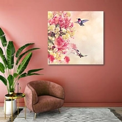 «Две птички колибри у куста цветов» в интерьере современной гостиной в розовых тонах