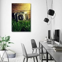 «Старая ретро камера в зеленой траве » в интерьере современного офиса в минималистичном стиле