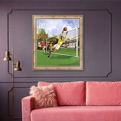 «Goalkeeper in the football match» в интерьере гостиной с розовым диваном