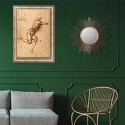 «A seated male nude twisting around, c.1505» в интерьере классической гостиной с зеленой стеной над диваном