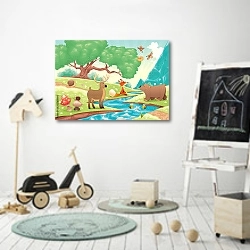 «Животные у реки» в интерьере детской комнаты для мальчика с самокатом