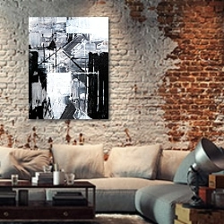 «Черно-белые вертикальные мазки» в интерьере гостиной в стиле лофт с кирпичной стеной