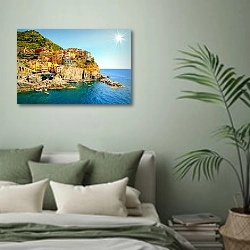 «Италия. Чинкве-Терре. Манарола. Панорама» в интерьере современной спальни в зеленых тонах