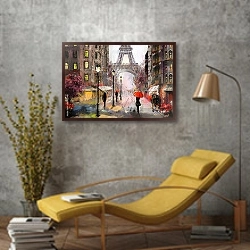 «Люди под зонтами на улице Парижа» в интерьере в стиле лофт с желтым креслом