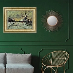 «Зимний пейзаж. 1890» в интерьере классической гостиной с зеленой стеной над диваном