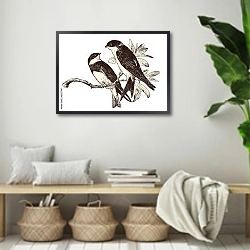 «Любовь птиц - две ласточки на ветке» в интерьере комнаты в стиле ретро с плетеными корзинами