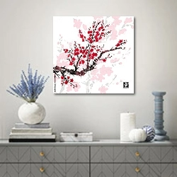 «Цветущая вишневая ветвь» в интерьере современной гостиной с голубыми деталями