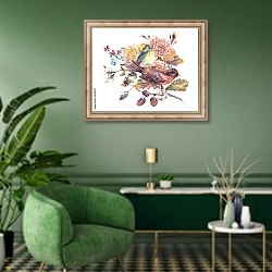 «Акварельная пара птиц с осенним букетом 2» в интерьере гостиной в зеленых тонах