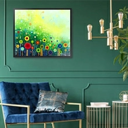 «Весенние цветы, акварель 1» в интерьере в классическом стиле с зеленой стеной