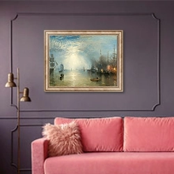 «Keelmen Heaving in Coals by Moonlight, 1835» в интерьере гостиной с розовым диваном