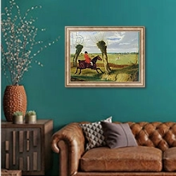 «The Suffolk Hunt - Full Cry» в интерьере гостиной с зеленой стеной над диваном