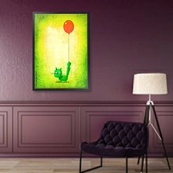 «Зеленый улыбающийся котенок с воздушным шаром на хвосте» в интерьере зеленой гостиной над диваном